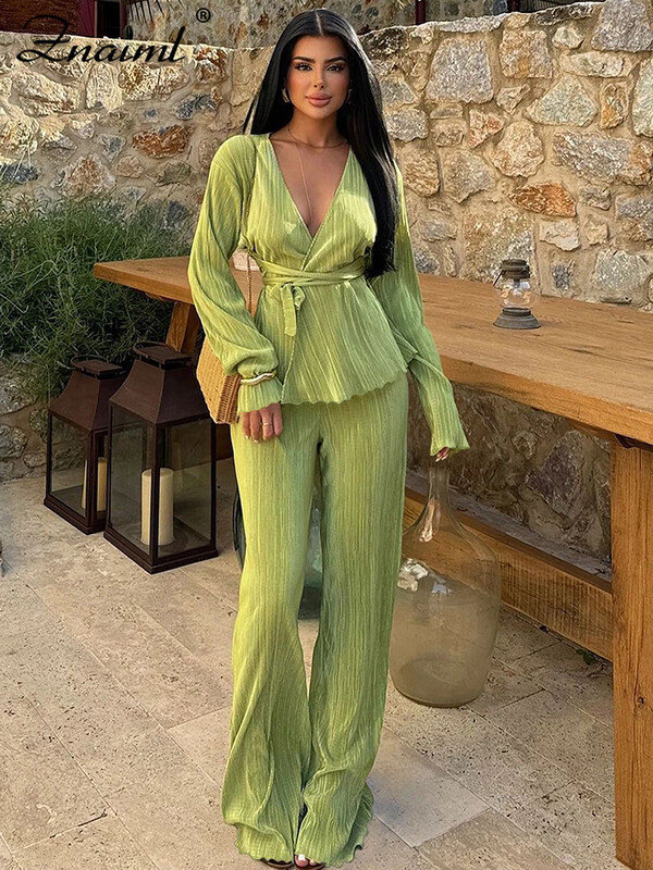 Znaiml Elegantsed plisseeritud kaks 2-osalist komplekti Naiste Täisvarrukatega V-kaelusega vöötopsid ja laia säärega püksid Kontori daamirõivad Puhkuseülikonnad