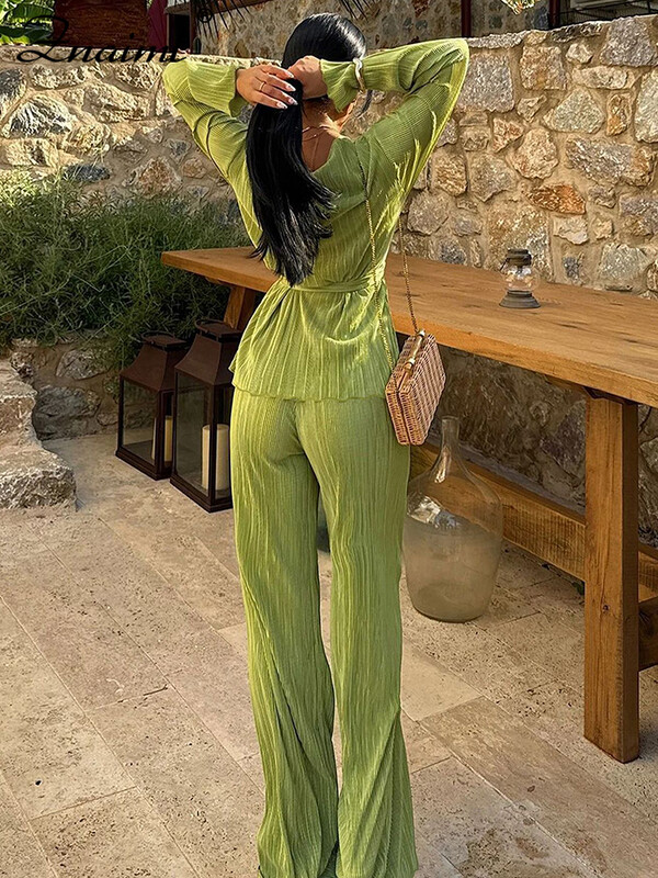 Znaiml Elegantsed plisseeritud kaks 2-osalist komplekti Naiste Täisvarrukatega V-kaelusega vöötopsid ja laia säärega püksid Kontori daamirõivad Puhkuseülikonnad