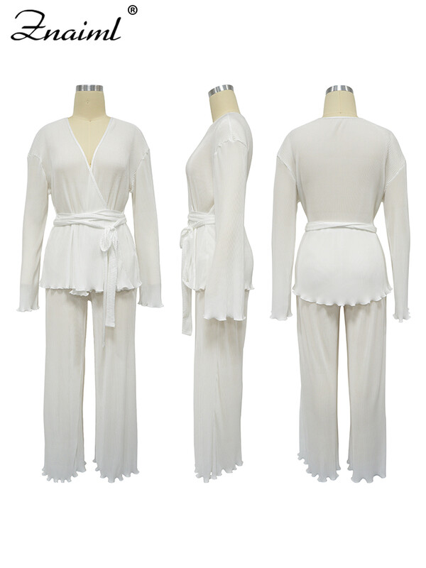 Znaiml Elegantsed plisseeritud kaks 2-osalist komplekti Naiste Täisvarrukatega V-kaelusega vöötopsid ja laia säärega püksid Kontori daamirõivad Puhkuseülikonnad