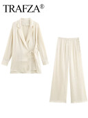 TRAFZA Ženski set od 2 komada, ukrasi na vezivanje, svijetla jakna, gornji dio + elegantna odjeća širokih nogavica u struku