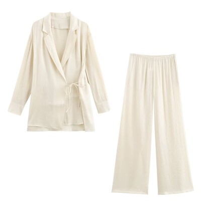 TRAFZA Ženski set od 2 komada, ukrasi na vezivanje, svijetla jakna, gornji dio + elegantna odjeća širokih nogavica u struku