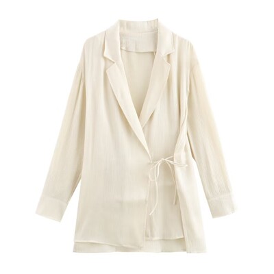 TRAFZA Ženski set od 2 komada, ukrasi na vezivanje, svijetla jakna, gornji dio + elegantna odjeća širokih nogavica u struku