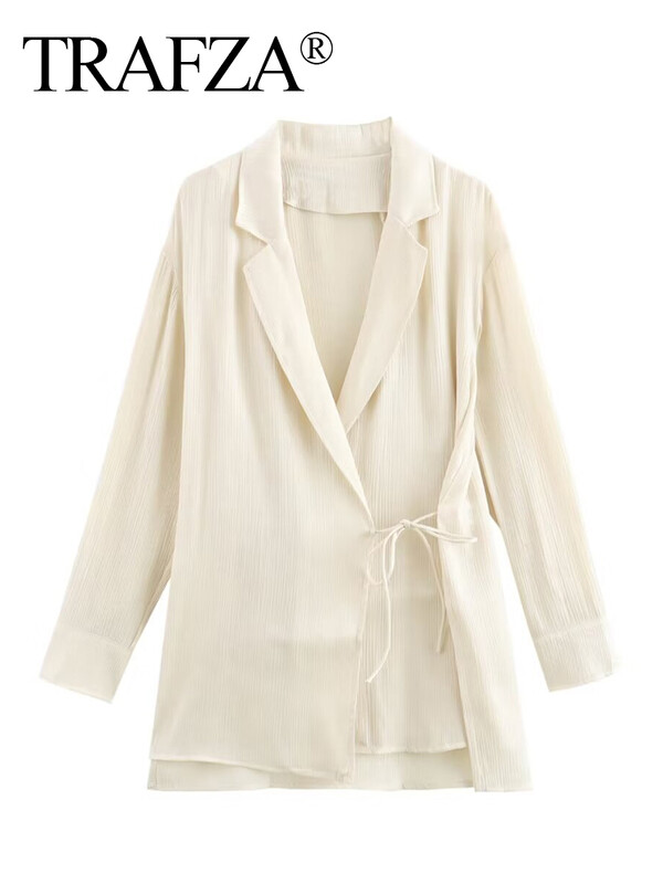 TRAFZA Ženski set od 2 komada, ukrasi na vezivanje, svijetla jakna, gornji dio + elegantna odjeća širokih nogavica u struku
