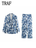 TRAF Women 2 τεμάχια Γυναικείο μακρυμάνικο μπλέιζερ μπλουζάκι + πιέτες Κομψό γυναικείο παντελόνι με φαρδύ πόδι Γυναικείο ντύσιμο