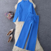 Φθινοπωρινή άνοιξη πλεκτό 2 τεμάχια Σετ πουλόβερ με μισό ζιβάγκο Μπλούζες στολή πλεκτό παντελόνι με φαρδύ πόδι Trajes Πλεκτά Πουλόβερ Φόρμες