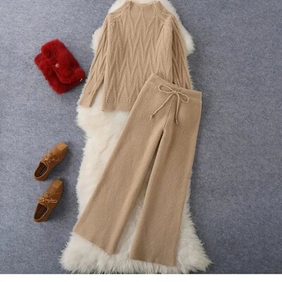 Φθινοπωρινή άνοιξη πλεκτό 2 τεμάχια Σετ πουλόβερ με μισό ζιβάγκο Μπλούζες στολή πλεκτό παντελόνι με φαρδύ πόδι Trajes Πλεκτά Πουλόβερ Φόρμες