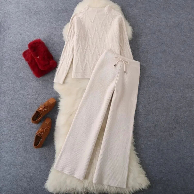 Φθινοπωρινή άνοιξη πλεκτό 2 τεμάχια Σετ πουλόβερ με μισό ζιβάγκο Μπλούζες στολή πλεκτό παντελόνι με φαρδύ πόδι Trajes Πλεκτά Πουλόβερ Φόρμες