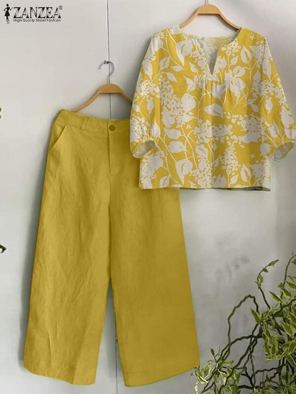 2024. aasta ZANZEA suveülikonna naiste püksikomplektid 2 tk Bohemain Outifts 3/4 varrukatega pluus Laia säärega püksid vabaaja trükiga sobivad komplektid