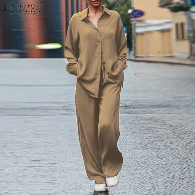 ZANZEA 2 ΤΕΜ Σατέν μασίφ Σετ παντελονιού Γυναικεία μακρυμάνικα μπλουζάκια Πλισέ φόρμα 2024 Καλοκαιρινό φαρδύ παντελόνι Casual μεταξωτή φόρμα