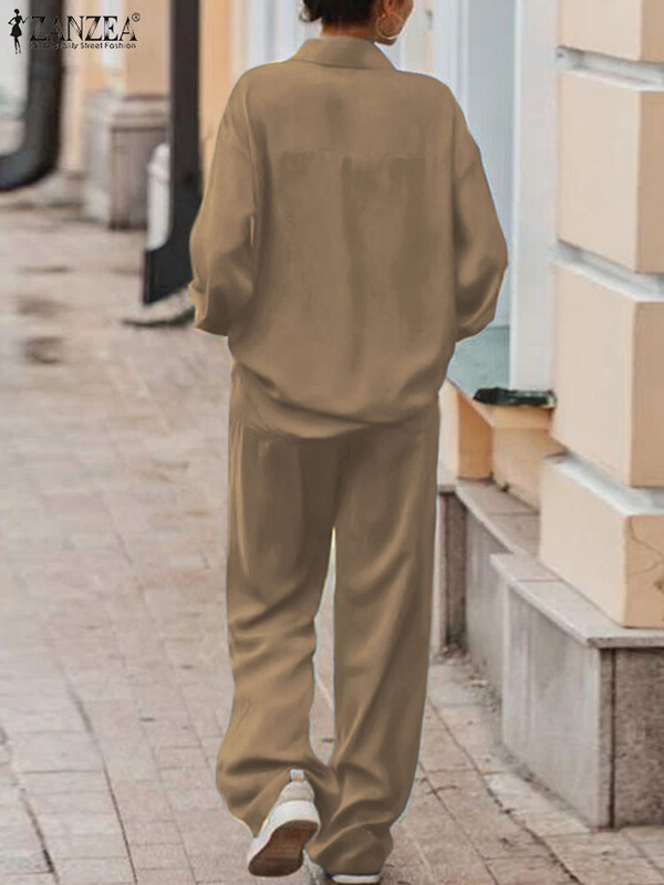 ZANZEA 2 ΤΕΜ Σατέν μασίφ Σετ παντελονιού Γυναικεία μακρυμάνικα μπλουζάκια Πλισέ φόρμα 2024 Καλοκαιρινό φαρδύ παντελόνι Casual μεταξωτή φόρμα