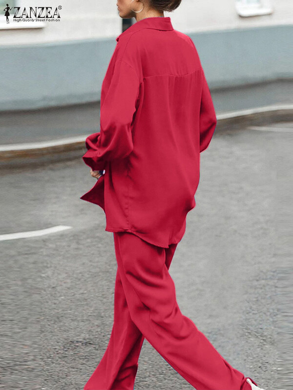 ZANZEA 2 ΤΕΜ Σατέν μασίφ Σετ παντελονιού Γυναικεία μακρυμάνικα μπλουζάκια Πλισέ φόρμα 2024 Καλοκαιρινό φαρδύ παντελόνι Casual μεταξωτή φόρμα
