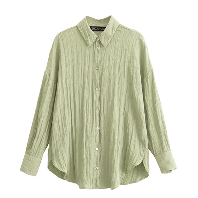 Europski i američki stil Proljeće 2024. Ženska nova modna i ležerna jednobojna košulja i hlače s efektom bora na reveru