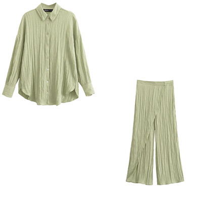 Europski i američki stil Proljeće 2024. Ženska nova modna i ležerna jednobojna košulja i hlače s efektom bora na reveru