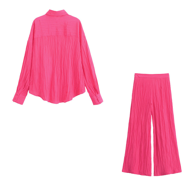 Europski i američki stil Proljeće 2024. Ženska nova modna i ležerna jednobojna košulja i hlače s efektom bora na reveru
