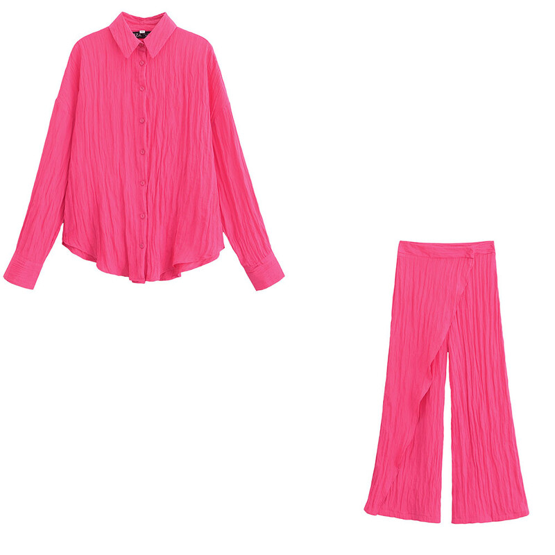 Europski i američki stil Proljeće 2024. Ženska nova modna i ležerna jednobojna košulja i hlače s efektom bora na reveru