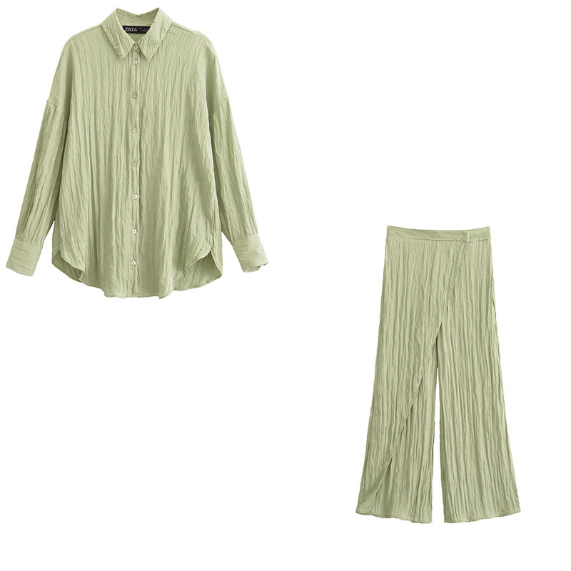 Europski i američki stil Proljeće 2024. Ženska nova modna i ležerna jednobojna košulja i hlače s efektom bora na reveru