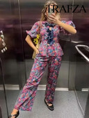 TRAFZA 2024 Set de 2 piese pentru femei, primăvară, cu papion șic cu imprimeu, top scurt + talie înaltă, set de pantaloni largi plisați, cu fermoar, pentru femei