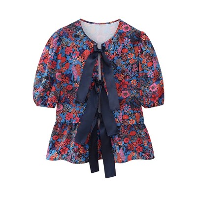 TRAFZA 2024 Set de 2 piese pentru femei, primăvară, cu papion șic cu imprimeu, top scurt + talie înaltă, set de pantaloni largi plisați, cu fermoar, pentru femei