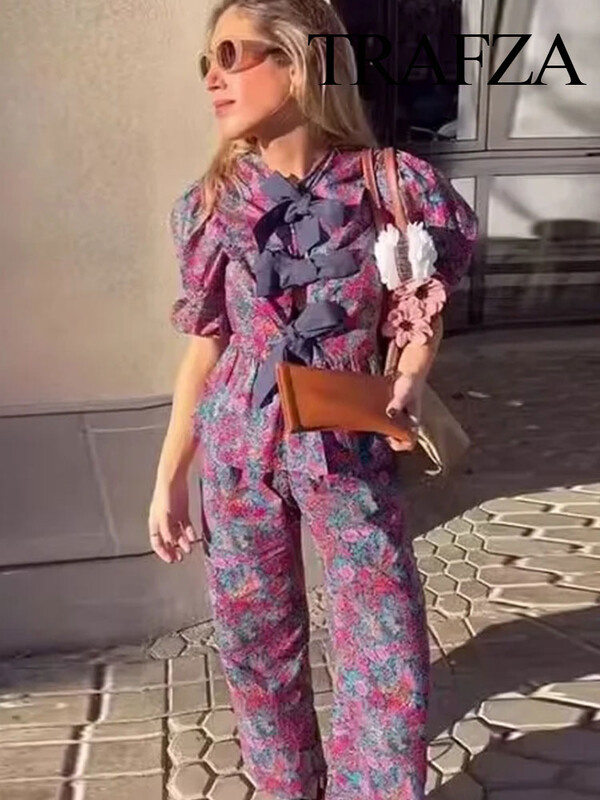 TRAFZA 2024 Set de 2 piese pentru femei, primăvară, cu papion șic cu imprimeu, top scurt + talie înaltă, set de pantaloni largi plisați, cu fermoar, pentru femei