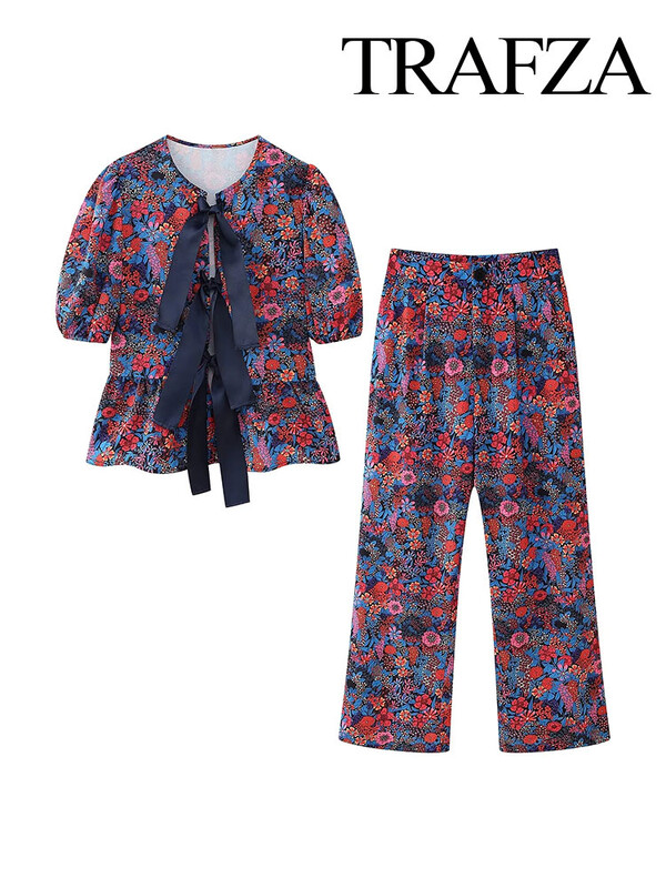 TRAFZA 2024 Set de 2 piese pentru femei, primăvară, cu papion șic cu imprimeu, top scurt + talie înaltă, set de pantaloni largi plisați, cu fermoar, pentru femei