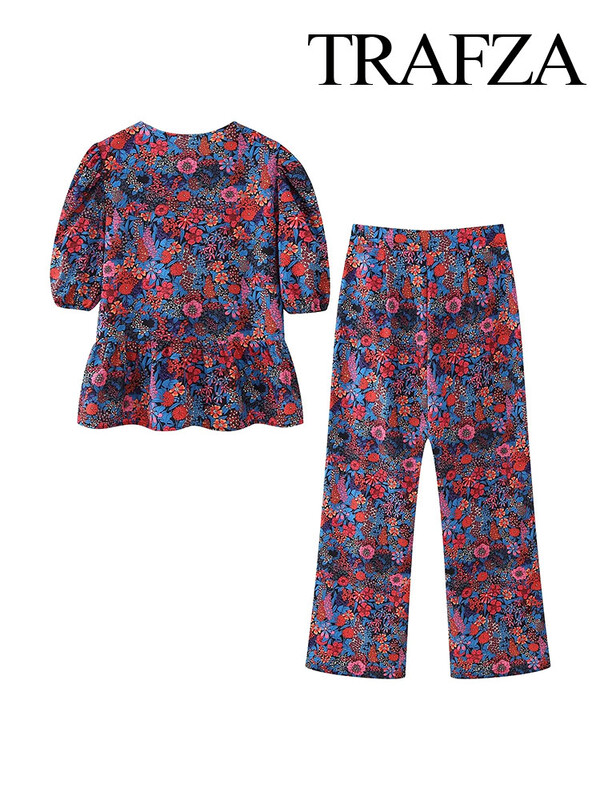 TRAFZA 2024 Set de 2 piese pentru femei, primăvară, cu papion șic cu imprimeu, top scurt + talie înaltă, set de pantaloni largi plisați, cu fermoar, pentru femei