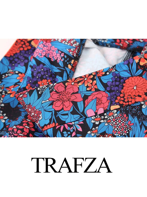 TRAFZA 2024 Set de 2 piese pentru femei, primăvară, cu papion șic cu imprimeu, top scurt + talie înaltă, set de pantaloni largi plisați, cu fermoar, pentru femei