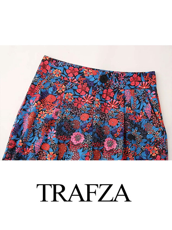 TRAFZA 2024 Set de 2 piese pentru femei, primăvară, cu papion șic cu imprimeu, top scurt + talie înaltă, set de pantaloni largi plisați, cu fermoar, pentru femei