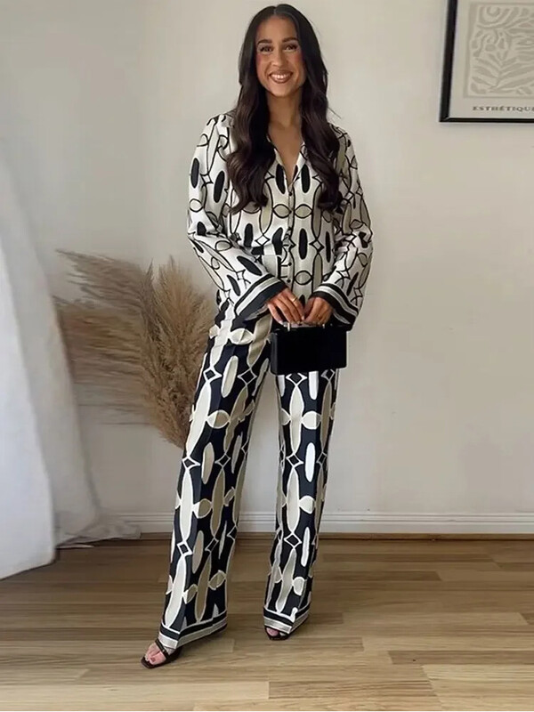 ZABA ženski komplet košulja, jednoredno kopčanje, gornji dio na preklop + ženske hlače na nabore visokog struka, 2-dijelni set, set hlača s geometrijskim printom