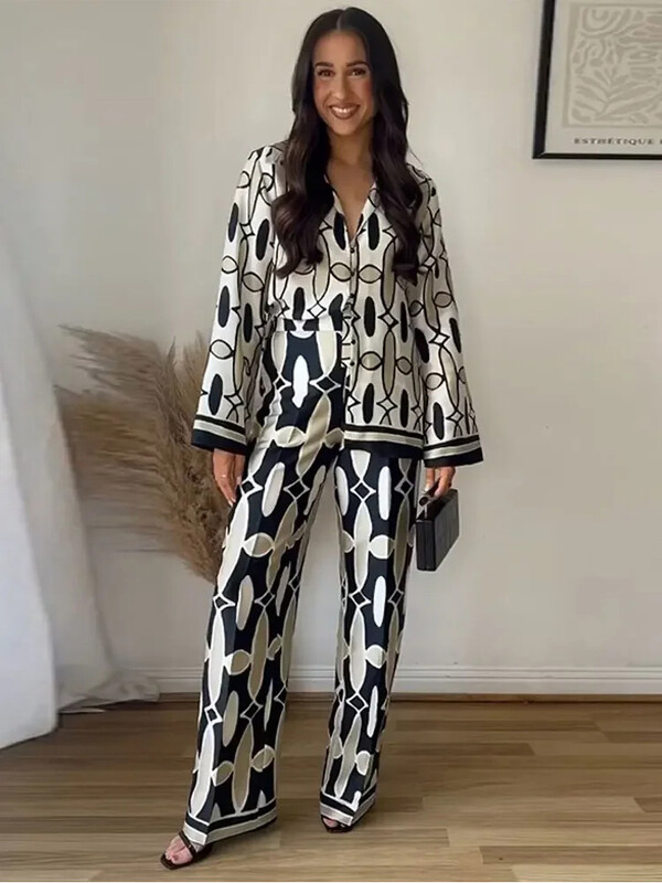 ZABA ženski komplet košulja, jednoredno kopčanje, gornji dio na preklop + ženske hlače na nabore visokog struka, 2-dijelni set, set hlača s geometrijskim printom