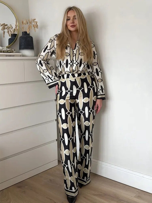 ZABA ženski komplet košulja, jednoredno kopčanje, gornji dio na preklop + ženske hlače na nabore visokog struka, 2-dijelni set, set hlača s geometrijskim printom