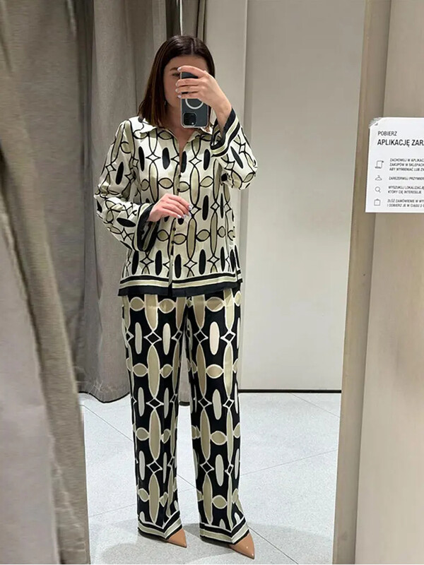ZABA ženski komplet košulja, jednoredno kopčanje, gornji dio na preklop + ženske hlače na nabore visokog struka, 2-dijelni set, set hlača s geometrijskim printom