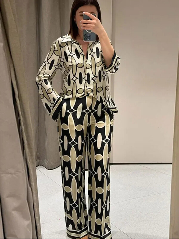 ZABA ženski komplet košulja, jednoredno kopčanje, gornji dio na preklop + ženske hlače na nabore visokog struka, 2-dijelni set, set hlača s geometrijskim printom