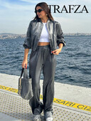 TRAFZA sügise elegantne naine metallist värvi lahtised püksid kõrge vöökohaga vabaaja laia säärega püksid + hõbedane plisseeritud ülisuur mantel 2-osaline komplekt