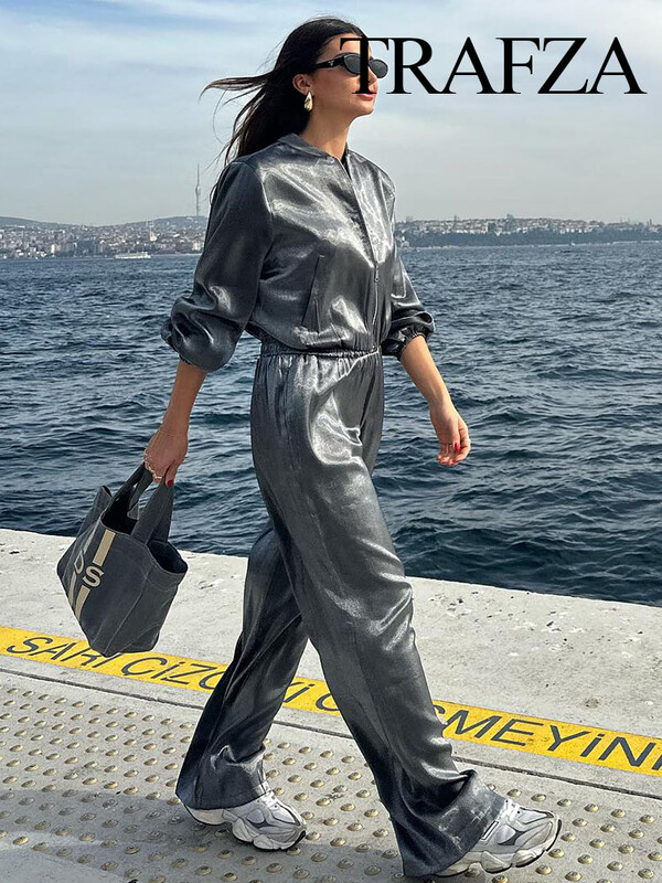 TRAFZA sügise elegantne naine metallist värvi lahtised püksid kõrge vöökohaga vabaaja laia säärega püksid + hõbedane plisseeritud ülisuur mantel 2-osaline komplekt