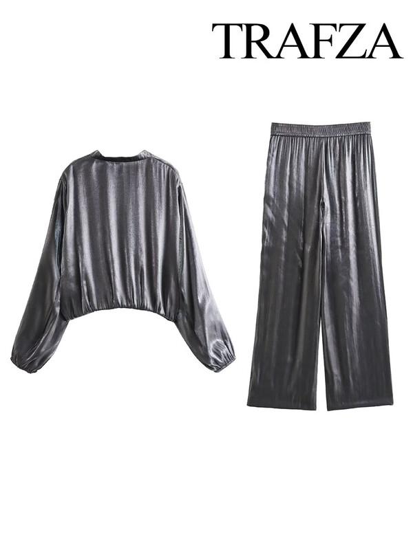 TRAFZA sügise elegantne naine metallist värvi lahtised püksid kõrge vöökohaga vabaaja laia säärega püksid + hõbedane plisseeritud ülisuur mantel 2-osaline komplekt