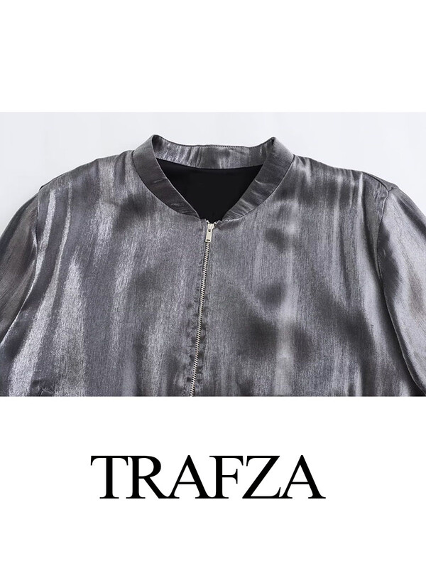 TRAFZA sügise elegantne naine metallist värvi lahtised püksid kõrge vöökohaga vabaaja laia säärega püksid + hõbedane plisseeritud ülisuur mantel 2-osaline komplekt