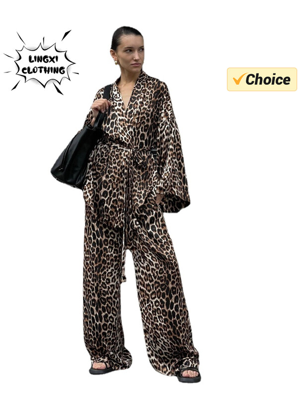 Suvemood Uus elegantne naiste kaheosaline komplekt avara vöökohaga leopardimustriga hommikumantel kõrge vöökohaga laia säärega püksid, kaheosaline komplekt