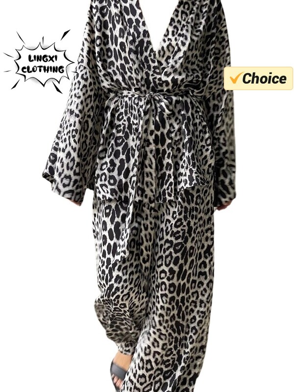 Suvemood Uus elegantne naiste kaheosaline komplekt avara vöökohaga leopardimustriga hommikumantel kõrge vöökohaga laia säärega püksid, kaheosaline komplekt
