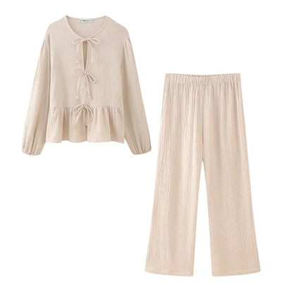 Willshela ženski modni set od 2 komada Sive plisirane košulje na vezanje i vintage hlače s visokim elastičnim strukom Feamle Chic ženski kompleti hlača