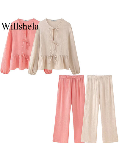 Willshela Set de 2 piese la modă pentru femei, cămăși pliate cu șireturi și pantaloni vintage cu talie înaltă elastică Seturi de pantaloni eleganti pentru femei