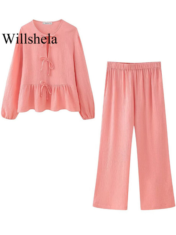 Willshela ženski modni set od 2 komada Sive plisirane košulje na vezanje i vintage hlače s visokim elastičnim strukom Feamle Chic ženski kompleti hlača