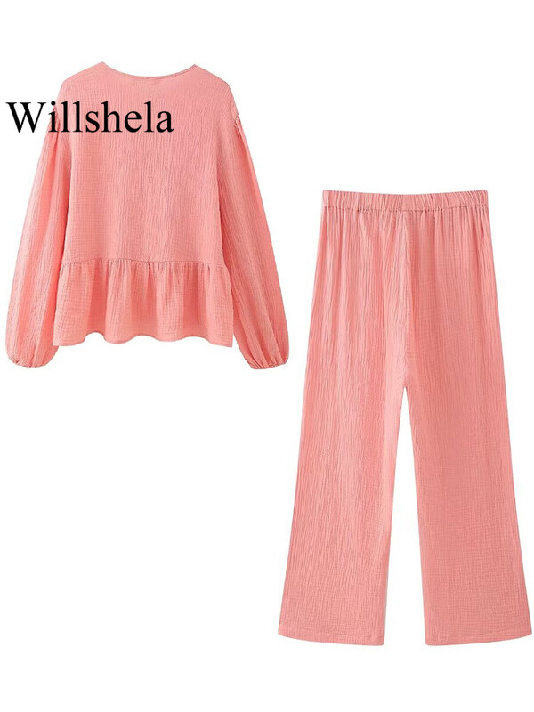 Willshela ženski modni set od 2 komada Sive plisirane košulje na vezanje i vintage hlače s visokim elastičnim strukom Feamle Chic ženski kompleti hlača