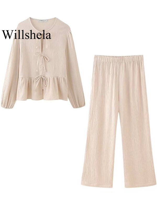 Willshela ženski modni set od 2 komada Sive plisirane košulje na vezanje i vintage hlače s visokim elastičnim strukom Feamle Chic ženski kompleti hlača