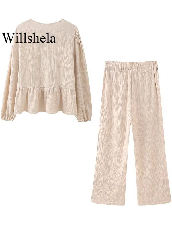 Willshela ženski modni set od 2 komada Sive plisirane košulje na vezanje i vintage hlače s visokim elastičnim strukom Feamle Chic ženski kompleti hlača