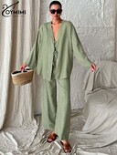 Oymimi modni zeleni pamučni kompleti Ženske 2-dijelne elegantne nove majice s dugim rukavima na vezanje s V-izrezom i jednostavni kompleti ravnih hlača