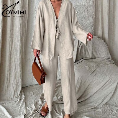 Oymimi modni zeleni pamučni kompleti Ženske 2-dijelne elegantne nove majice s dugim rukavima na vezanje s V-izrezom i jednostavni kompleti ravnih hlača