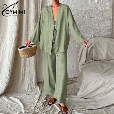 Oymimi modni zeleni pamučni kompleti Ženske 2-dijelne elegantne nove majice s dugim rukavima na vezanje s V-izrezom i jednostavni kompleti ravnih hlača