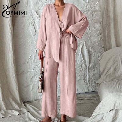 Oymimi modni zeleni pamučni kompleti Ženske 2-dijelne elegantne nove majice s dugim rukavima na vezanje s V-izrezom i jednostavni kompleti ravnih hlača