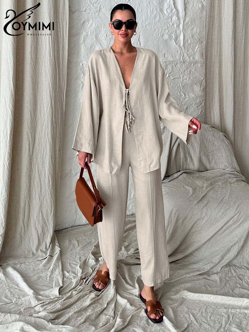 Oymimi modni zeleni pamučni kompleti Ženske 2-dijelne elegantne nove majice s dugim rukavima na vezanje s V-izrezom i jednostavni kompleti ravnih hlača