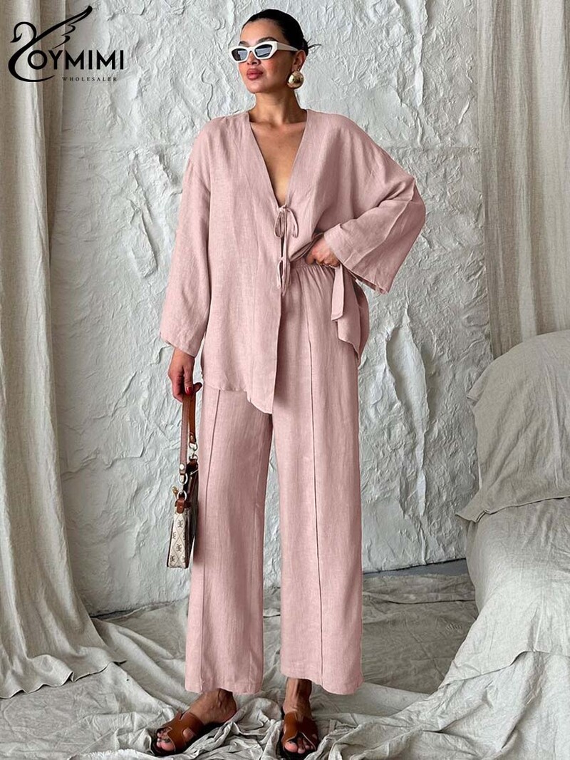 Oymimi modni zeleni pamučni kompleti Ženske 2-dijelne elegantne nove majice s dugim rukavima na vezanje s V-izrezom i jednostavni kompleti ravnih hlača